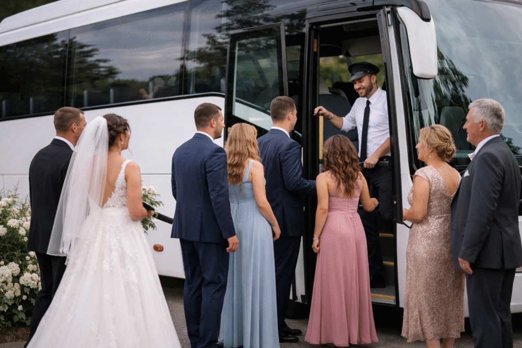 goście weselni wsiadający do autokaru