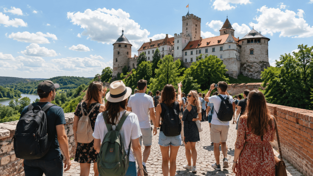 grupa ludzi zwiedzająca okolice